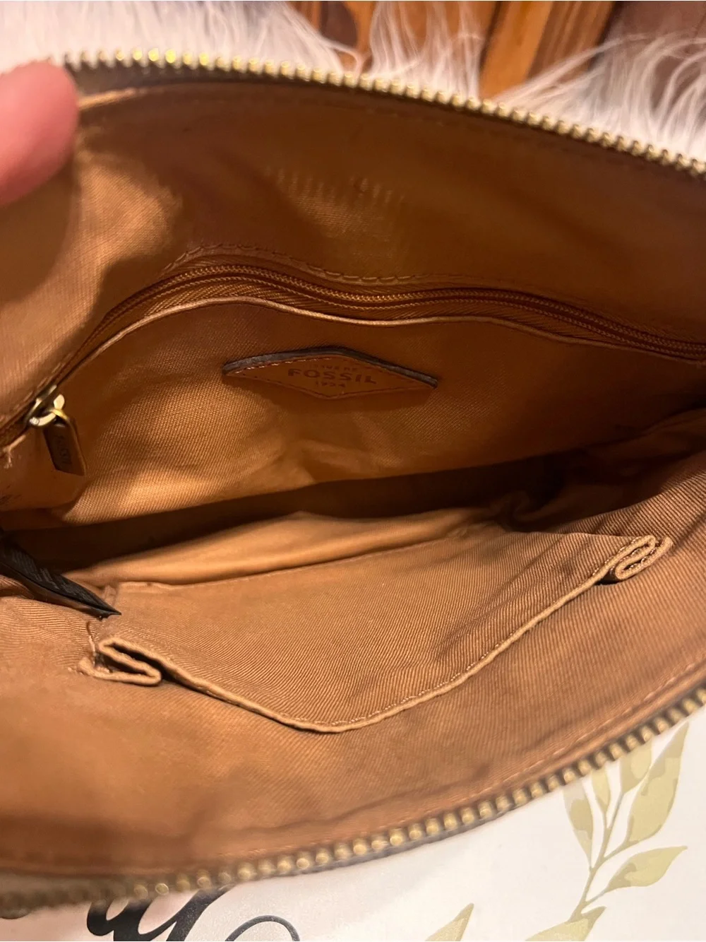 Fossil Tan & Cream Leather  with Striped Canvas Pocket crossbody bag
